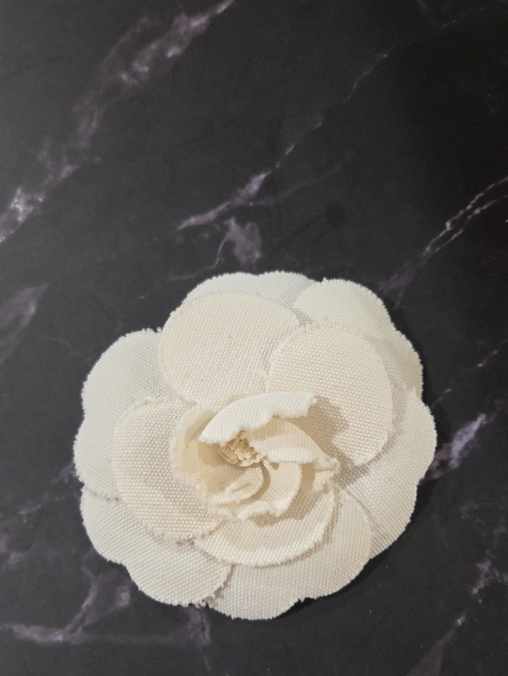 Chanel White Camellia Canvas Fabric Flower Brooch